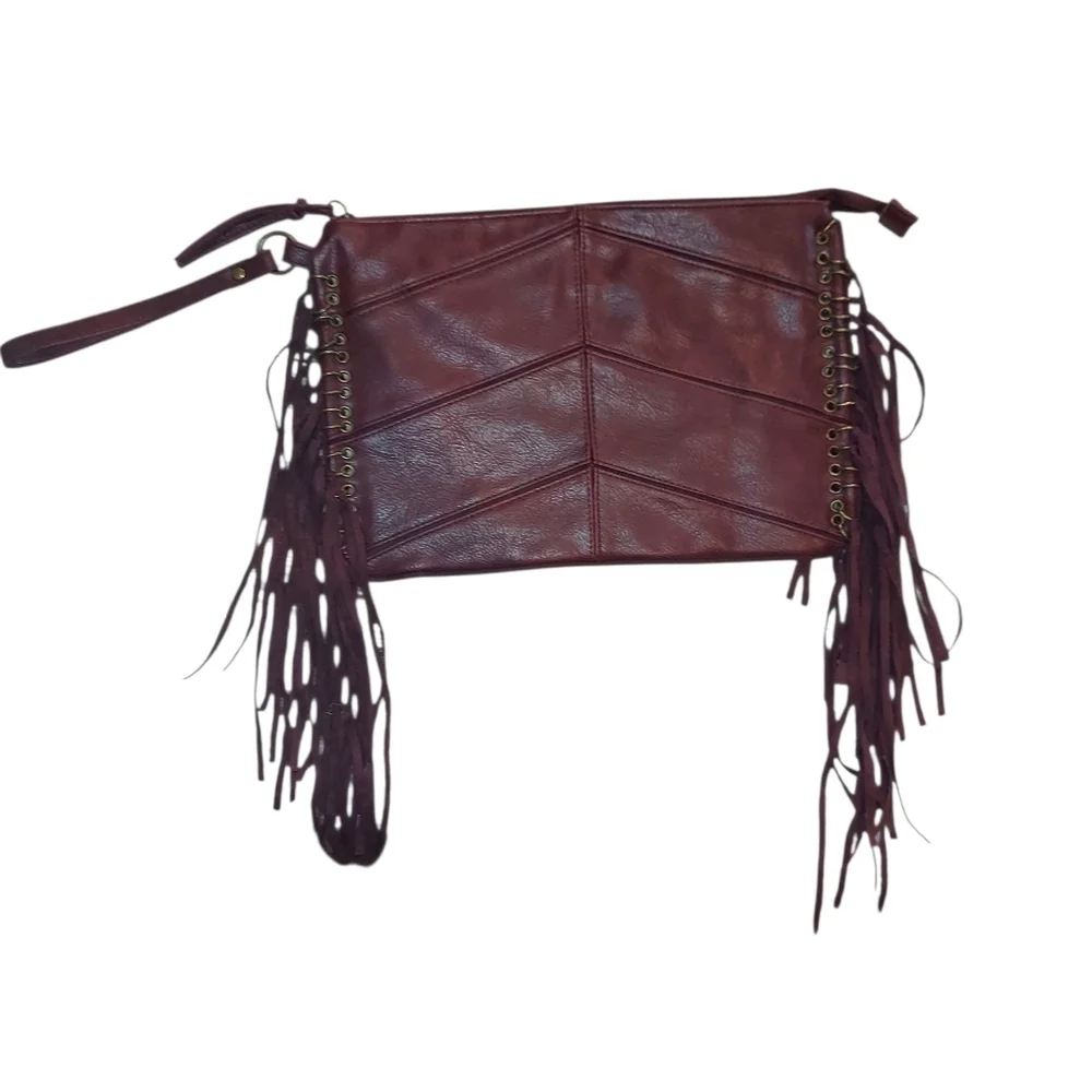 Mossimo Burgandy Faux Leather Clutch Wristlet With Fringe - Picture 2 of 7